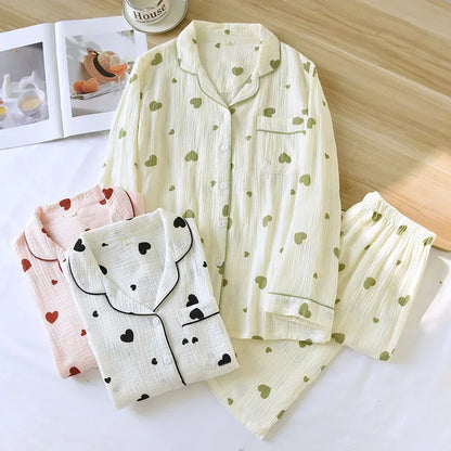 2025 New Spring and Autumn Women's Pajama Set 100% Cotton Crepe Long Sleeve Long Pants Two Piece Set Love Sweet Home Clothes