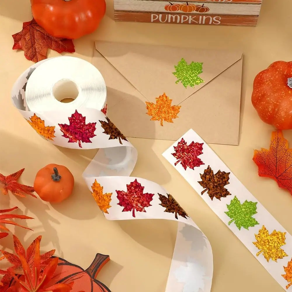 500Pcs Fall Thanksgiving Leaf Stickers 5 Colors Maple Leaf Decals Holographic Self Adhesive Label Stickers Roll for Autumn