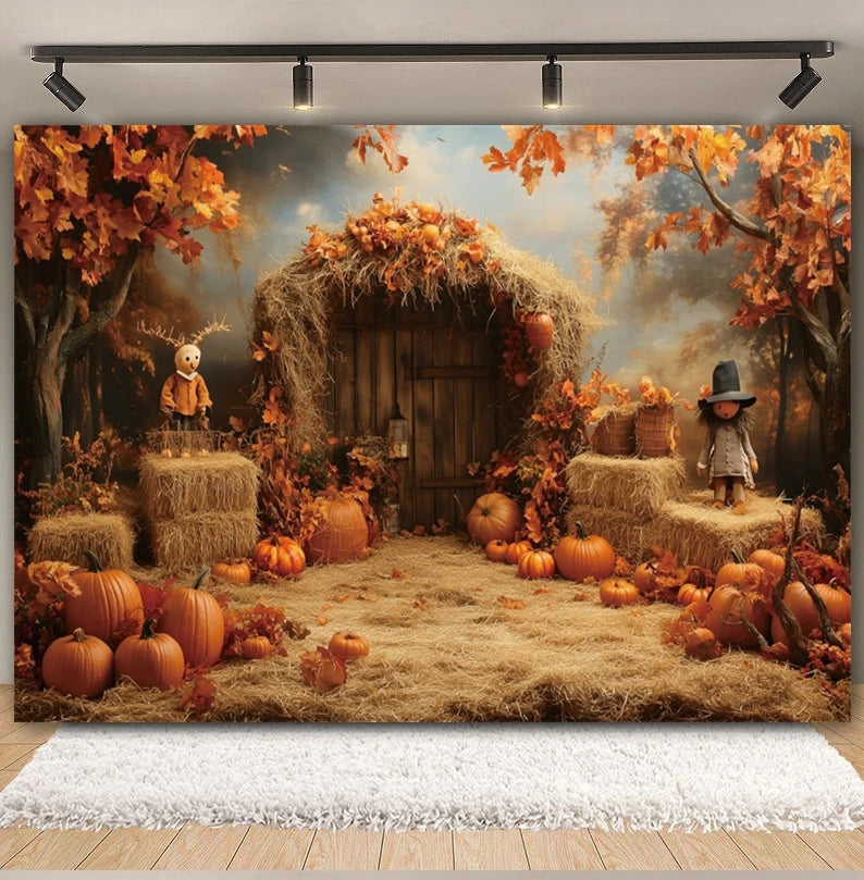 Autumn Backdrop Maple Pumpkin Maple Leaves Forest Haystack Harvest Thanksgiving Baby Portrait Photography Background Photobooth