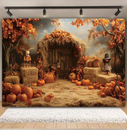 Autumn Backdrop Maple Pumpkin Maple Leaves Forest Haystack Harvest Thanksgiving Baby Portrait Photography Background Photobooth