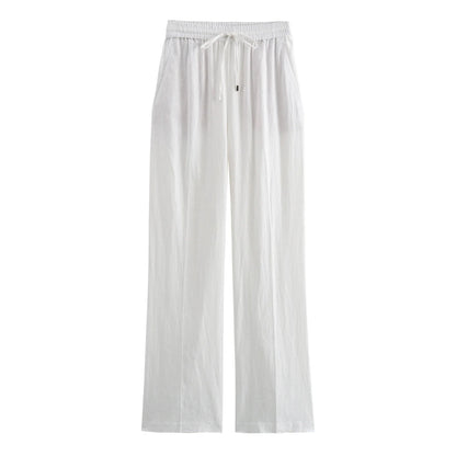 TRAF Women Fashion Spring Summer Lace-up Linen Blended Straight Pants Pocket Office Lady Chic High Waist Trousers Mujer
