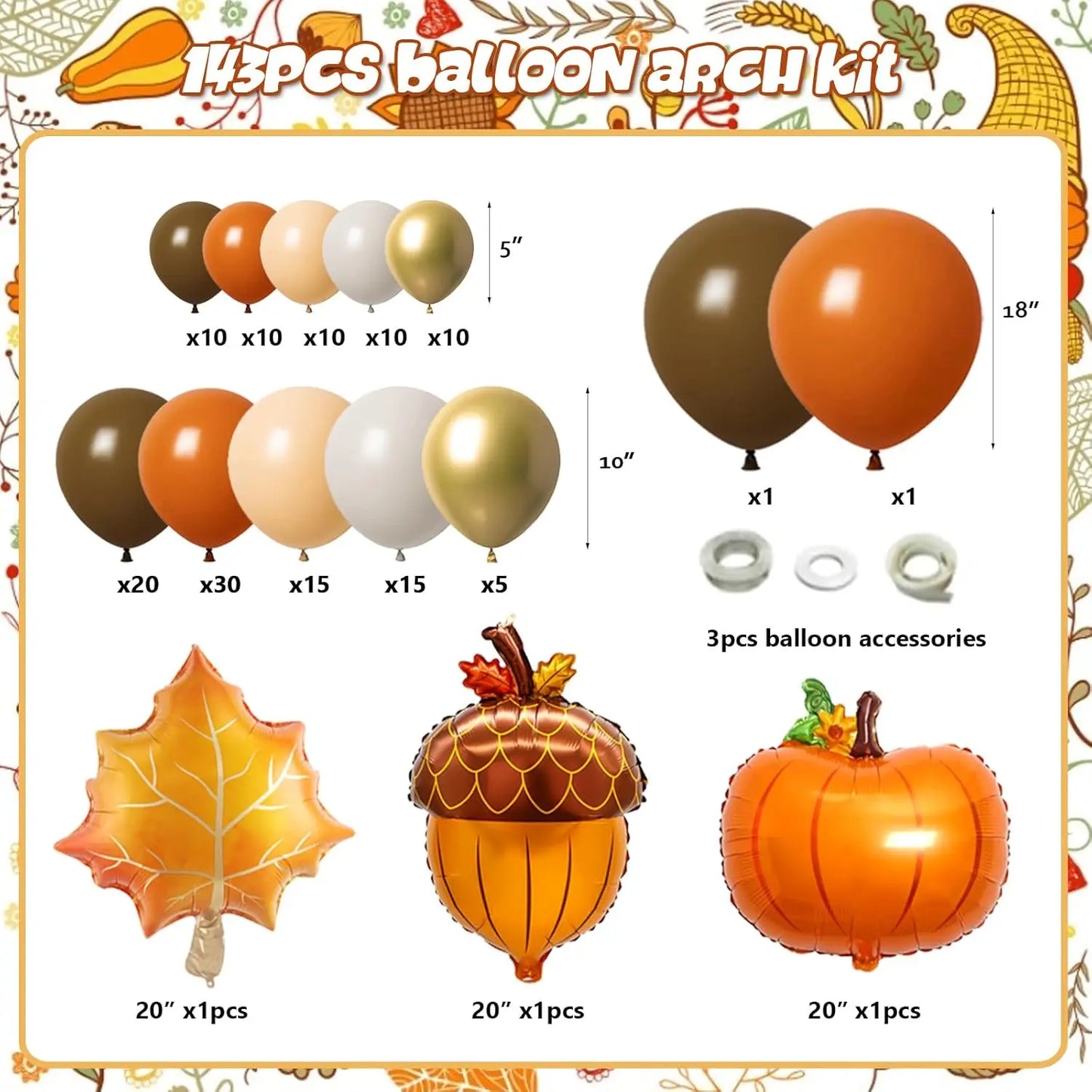 143 PCS Fall Balloon Arch Kit Pumpkin Maple Leaves Pine Cones  for Thanksgiving Autumn Harvest Birthday Party Decorations