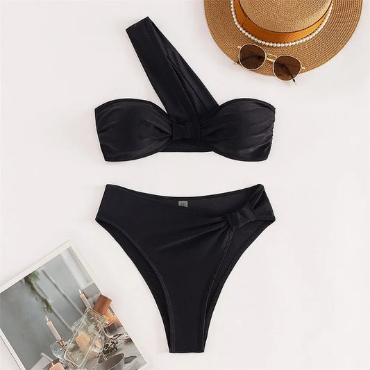 Brown One Shoulder Bikini High Waist Sexy Swimsuit Women 2025 Solid Swimwears Bathing Suit Bandeau Bikinis Sets De Mujer Biquini