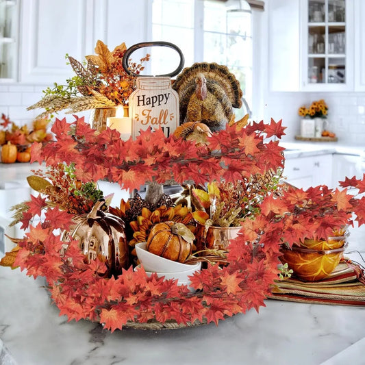 24 Pack Fall Leaf Garland, Hanging Vines Garland Artificial Fall Maple Leaves Thanksgiving Decor for Home Fireplace Party (Mixe
