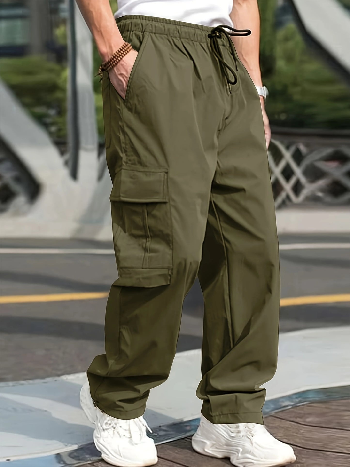 2024 Spring/Summer New Men's Fashion Casual Pants Solid Color Drawstring Multi Pocket Sports Running Straight Work Pants