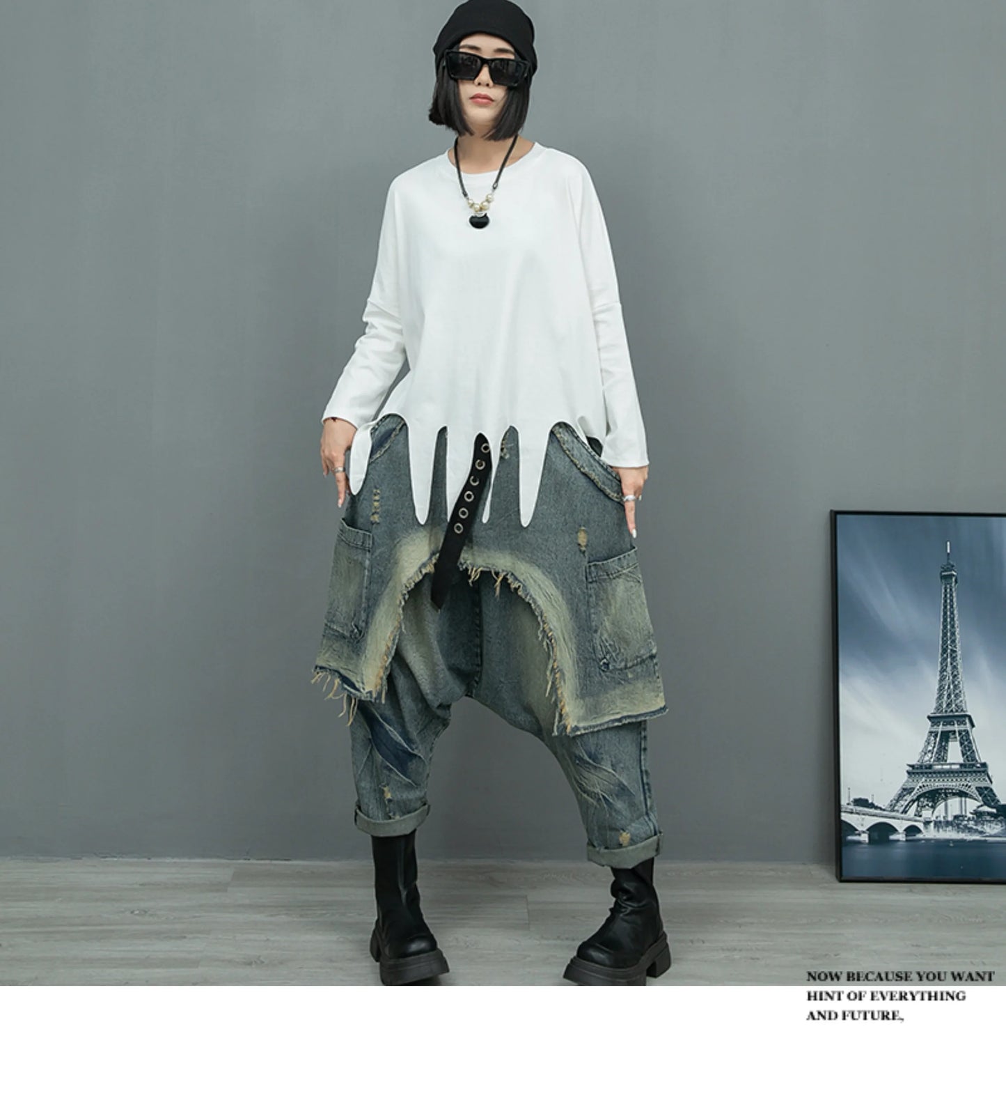 (No Belt)Women Streetwear Pants Set Plus Size White Tassels Tees +2 In 1 Cross Pants Novelty High Street Matching Wear Suit