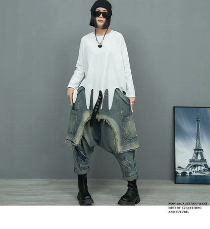 (No Belt)Women Streetwear Pants Set Plus Size White Tassels Tees +2 In 1 Cross Pants Novelty High Street Matching Wear Suit