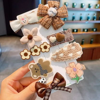 Autumn Winter 8Pcs Kids Hairclip Cartoon Bear Cute Bowknot Baby Princess Hair Accessories Newborn Cream Color Hairclips For Girl
