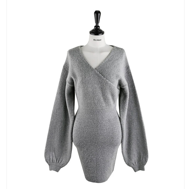 2023 Spring Autumn Sexy Cross V-neck Wrap Hip Dresses Women's Knitted Sweater Dress Fashion Tight Short Dress