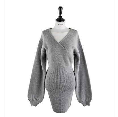 2023 Spring Autumn Sexy Cross V-neck Wrap Hip Dresses Women's Knitted Sweater Dress Fashion Tight Short Dress