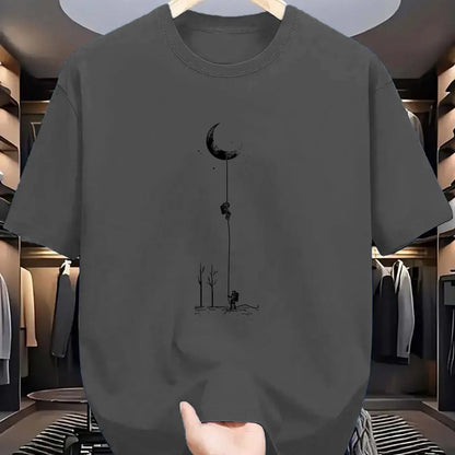 Summer men's 100% pure cotton casual loose fit plus size moon landing pattern printed round neck short sleeved T-shirt top