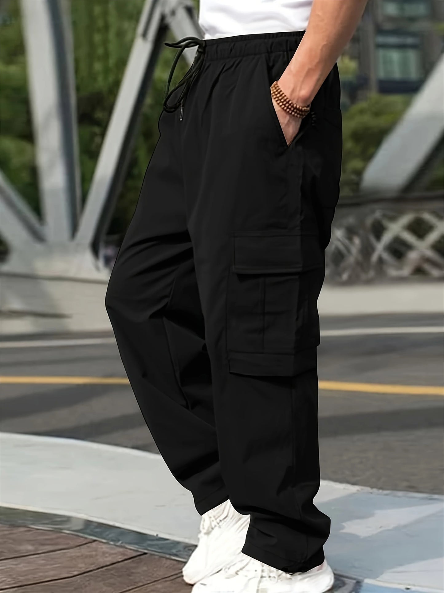 2024 Spring/Summer New Men's Fashion Casual Pants Solid Color Drawstring Multi Pocket Sports Running Straight Work Pants