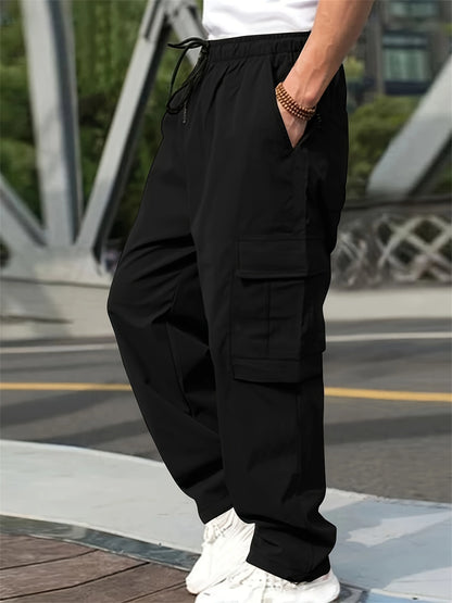 2024 Spring/Summer New Men's Fashion Casual Pants Solid Color Drawstring Multi Pocket Sports Running Straight Work Pants