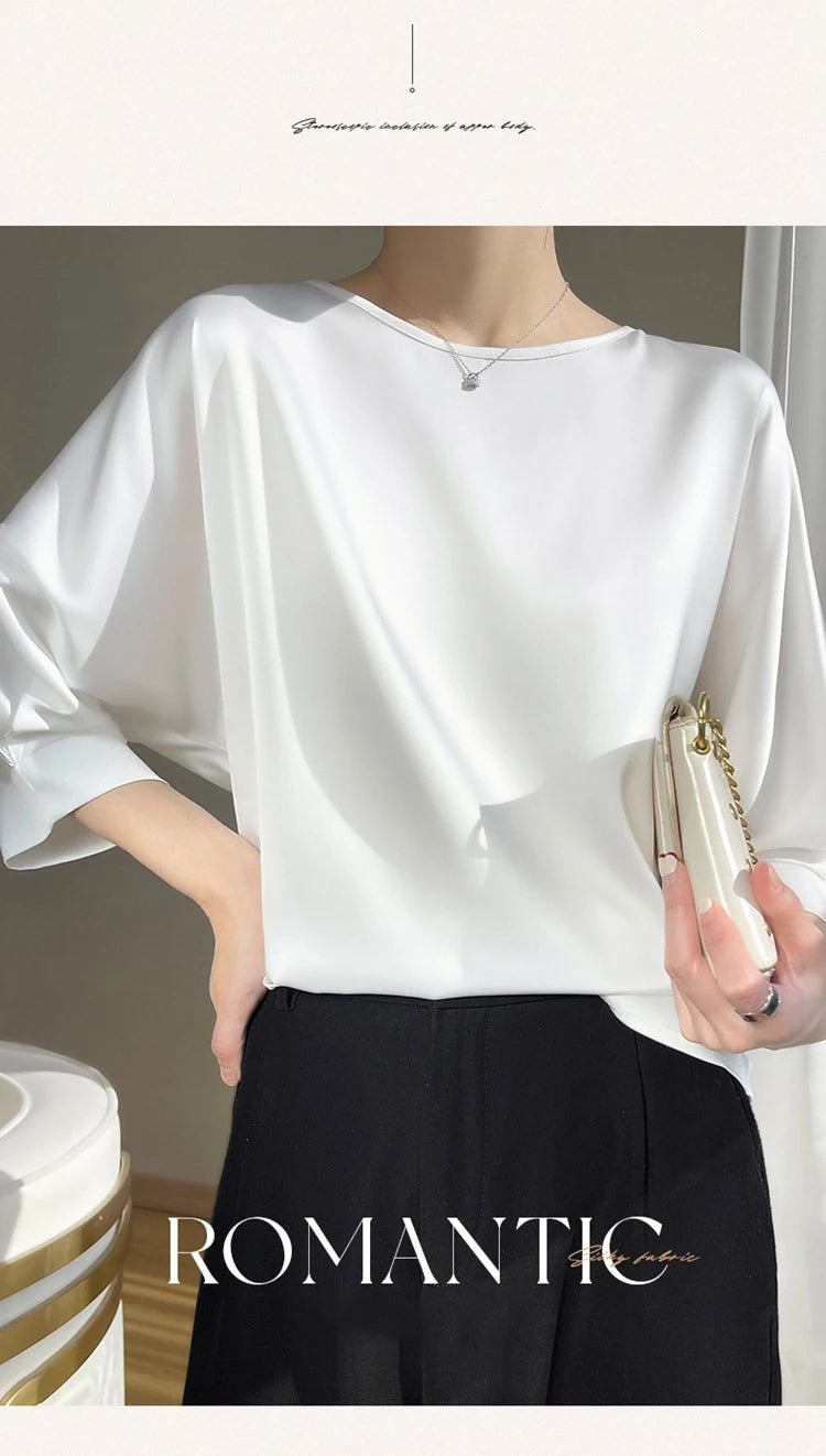 2025 New In Summer Satin Silk Half-Sleeve Tee Tops Basic Solid Women‘s T-Shirt Casual O-neck Thin Shirts Ladies Loose Blouses