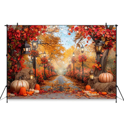 Autumn Photography Background Pumpkin Maple Leaves Street Light Backdrop Decor Family Kid Thanksgiving Day Birthday Photo Studio