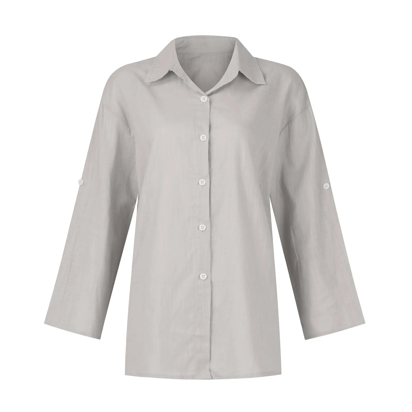 Summer Plus Size Cotton Linen Solid Color Seven-Point Sleeve Shirt V-Neck For Ladies Loose Casual Lightweight Camisas De Mujer