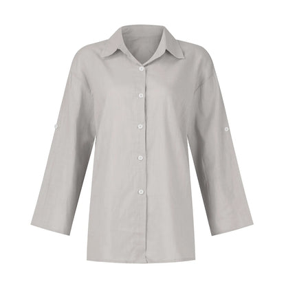 Summer Plus Size Cotton Linen Solid Color Seven-Point Sleeve Shirt V-Neck For Ladies Loose Casual Lightweight Camisas De Mujer