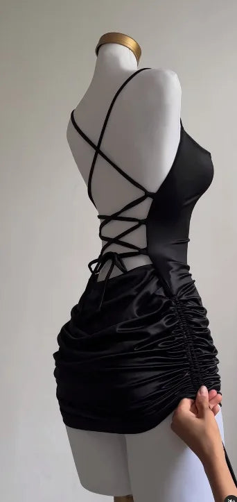 2024 Spring Summer New Spaghetti Strap Dresses Women Sexy Backless Leace-up Drawstring Package Hip Slim Dress Hot Girl Vestidos