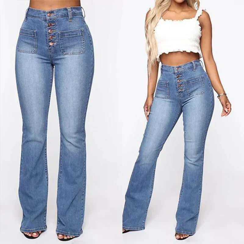 Women's Denim Jeans Button Patch Pocket Washed Long Trousers Cross-Border Wish NK173 Denim Jeans from Mainland China