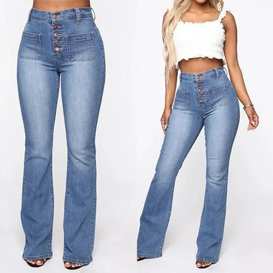 Women's Denim Jeans Button Patch Pocket Washed Long Trousers Cross-Border Wish NK173 Denim Jeans from Mainland China
