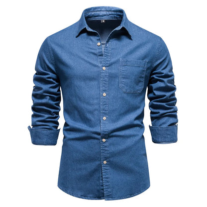 AIOPESON Autumn New Cotton Men's Denim Shirt Solid Color Single Pocket Casual Long Sleeve Shirt Autumn Jeans Shirt for Men