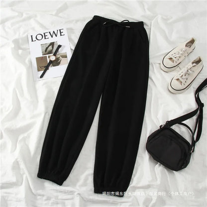 Women's Autumn Winter Casual Sports Loose Slimming Versatile Fleece-lined Outerwear Straight-leg Cuffed Pants Carrot Sweatpants