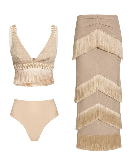 2025 V Neck Fringe Trim Bikini Swimsuit High Waist Swimwear with Skirt for Women Halter Bathing Suits Print Summer Female