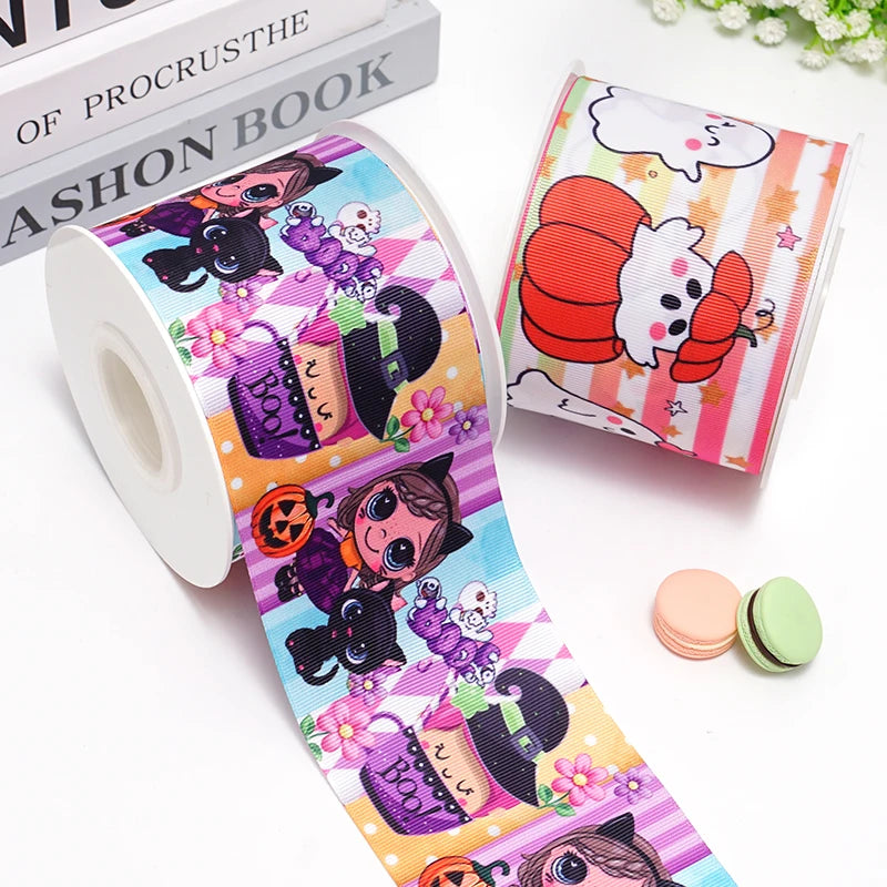 5 Yards Halloween Pumpkin Skeleton Stripe RIP Grosgrain/Satin Ribbon Printed Ribbon For Crafts Decoration Bow 82636