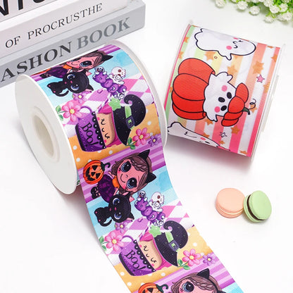 5 Yards Halloween Pumpkin Skeleton Stripe RIP Grosgrain/Satin Ribbon Printed Ribbon For Crafts Decoration Bow 82636