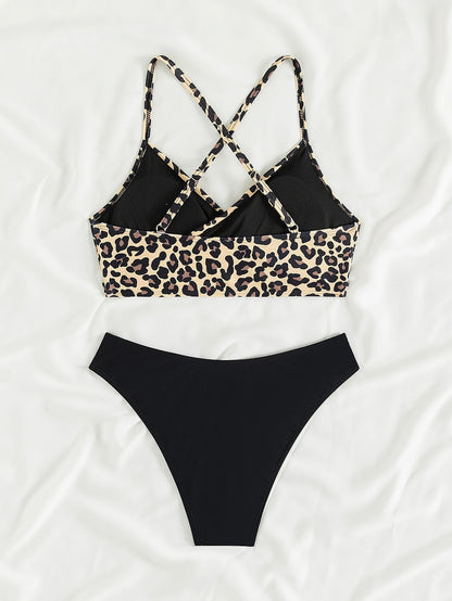 Summer Women's Leopard Patchwork Swimsuit Sexy Back Cross Lace-Up Swimwear High Waist Bikini Set Push Up Bathing Suit Beachwear