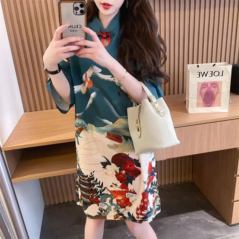 Summer Chinese Style Vintage Printing T-shirt Mini Dress Ladies Short Sleeve Loose Casual A-line Robe Women Stand Collar Vestido