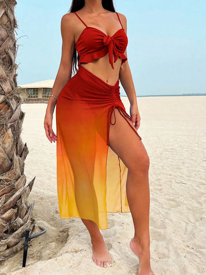 3 Pieces Tie Dye Knot Front Bikinis 2024 Women Ruffle Swimwear Female High Waist Swimsuit & Drawstring Beach Skirt Bathing Suit