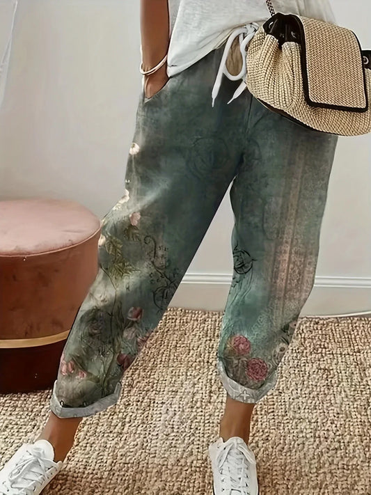 Women's Fashion Plus Size 1XL-5XL Four Seasons Printed Flower Pants Ladies Casual Comfortable Loose Mid-waist Haren Pants