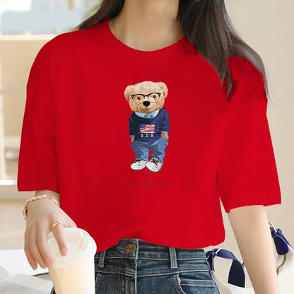2024 Summer casual cartoon Bear print crew neck Short sleeve T-shirt Women's fashion oversized Y2K splicing loose T-shirt top