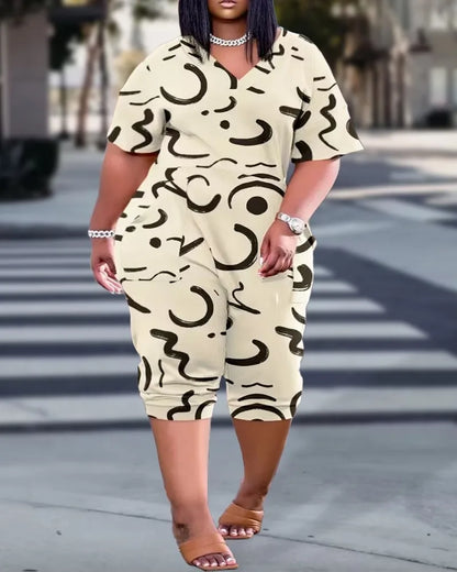 2024 AliExpress Europe and America Plus Size Summer Loose V-Neck Stitched Patch Pocket Printed Jumpsuit