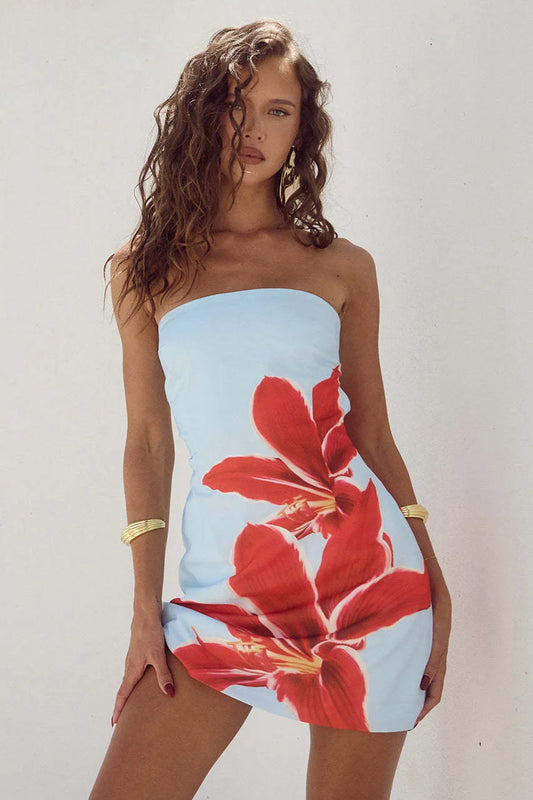 2025 Summer Sexy Women's Breast Top Flower Print Slim-fit Cover Buttock Short Dress Collarless Cover Buttock Skirt