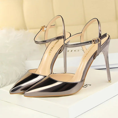 Women 10.5cm High Heels Sandals Lady Metallic Gold Silver Patent Leather Stripper Strap Sandles Wedding Fetish Nightclub Shoes