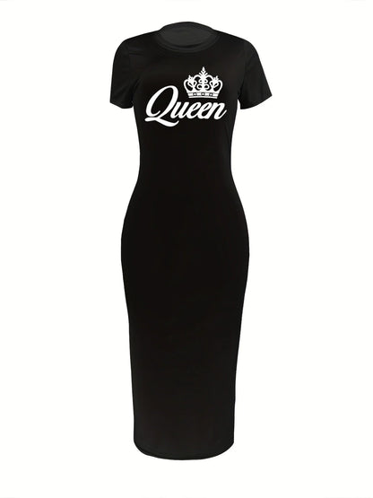 Summer Queen print short sleeved women's Solid Color Short Sleeved sexy dress Top Sexy Slim Fit Tight Women's Dress