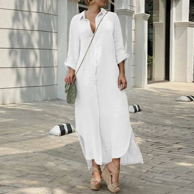 Women's 1XL-5XL plus size Dress  summer wearing the Shirt Collar Cotton Line Button Long Skirt  dress for women