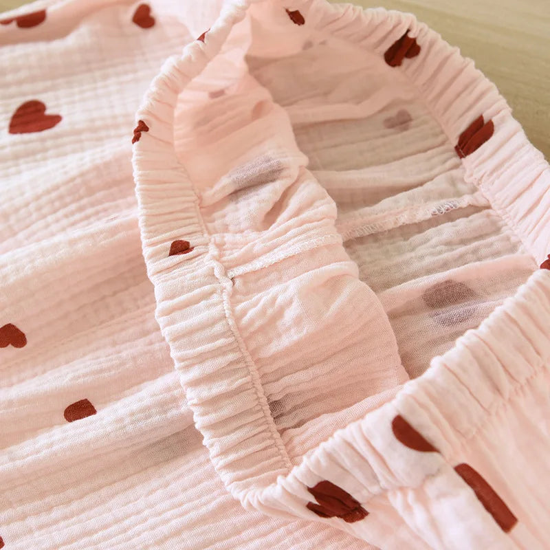 2025 New Spring and Autumn Women's Pajama Set 100% Cotton Crepe Long Sleeve Long Pants Two Piece Set Love Sweet Home Clothes