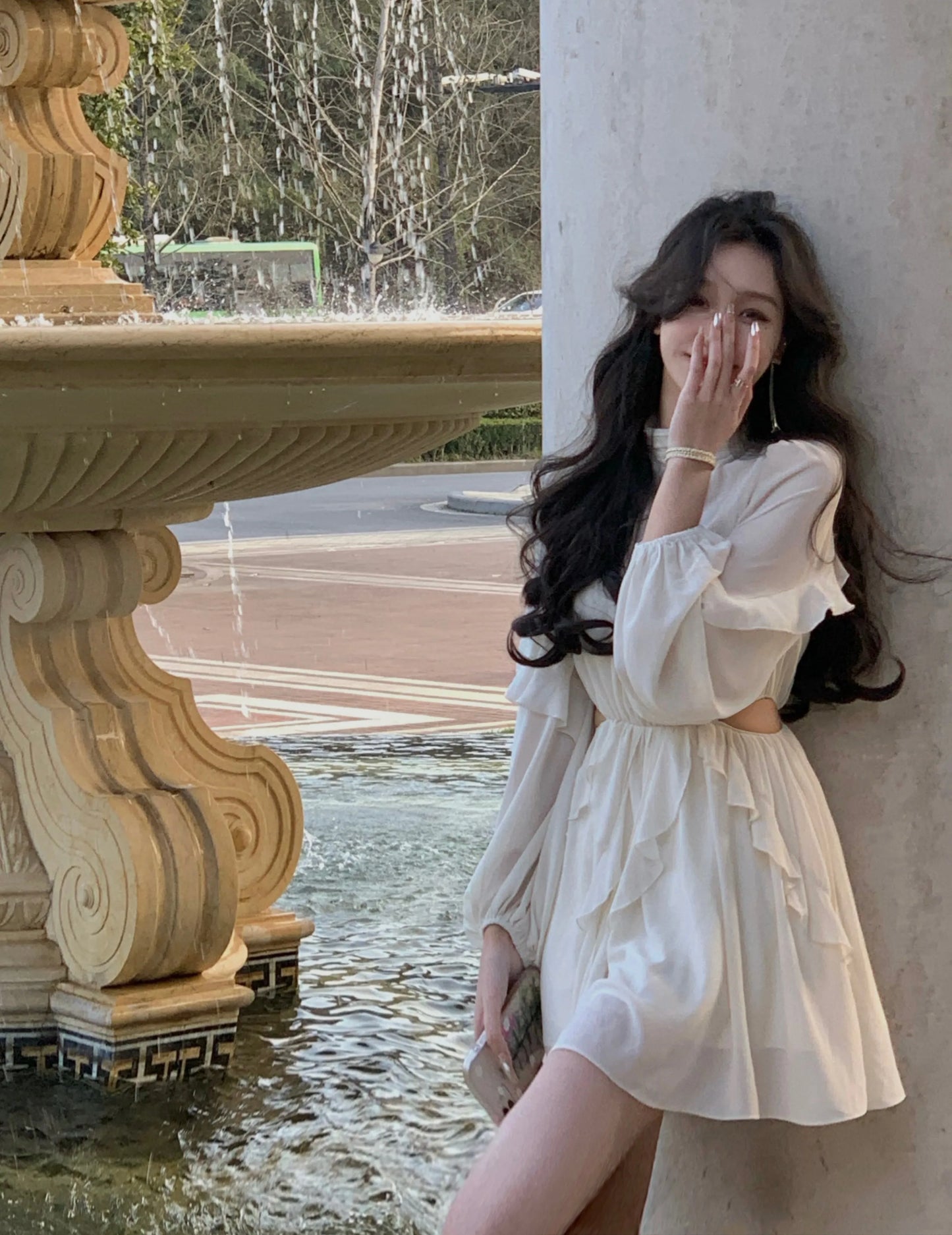 Beach Style Chiffon Y2k Mini Dress Office Lady Casual Long Sleeve Elegant One Piece Dress Korean Fashion Clothing Summer 2023