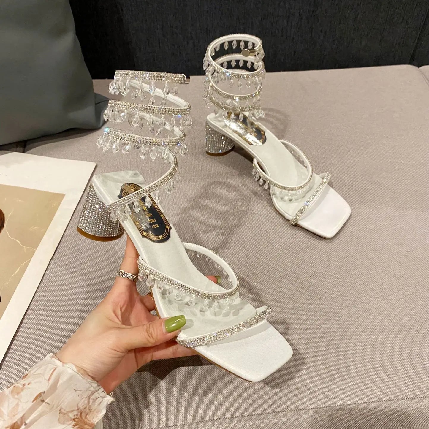 Xibeilove 2024 Summer Luxury Women Sandals Crystal Square Head Gold Rhinestone Snake Pattern High Heels Wedding Party Shoes