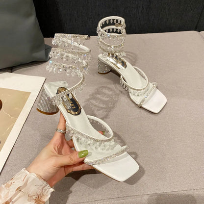 Xibeilove 2024 Summer Luxury Women Sandals Crystal Square Head Gold Rhinestone Snake Pattern High Heels Wedding Party Shoes