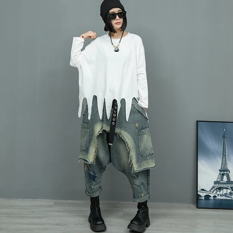 (No Belt)Women Streetwear Pants Set Plus Size White Tassels Tees +2 In 1 Cross Pants Novelty High Street Matching Wear Suit