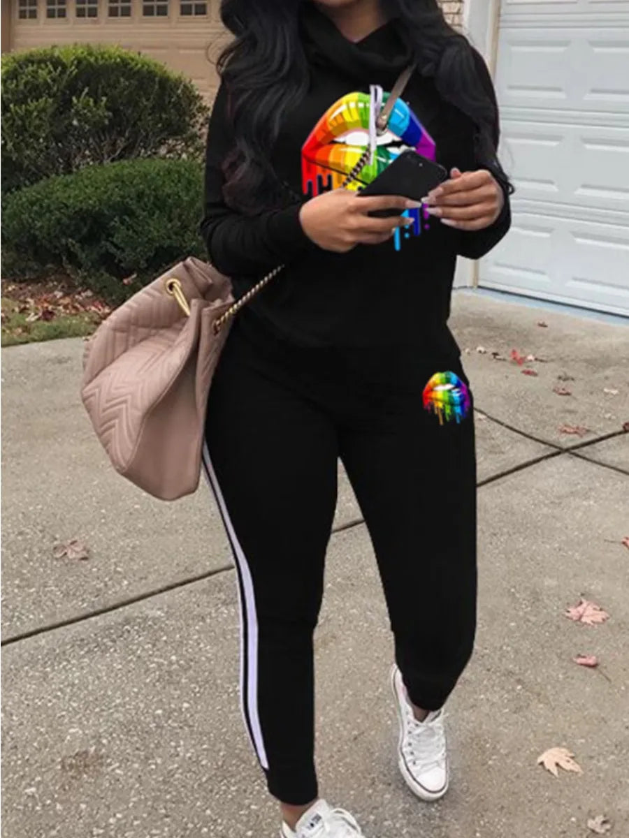 5XL LW Plus Size Autumn&Winte Letter Print Regular Striped Long Sleeve Basic Sporty Fashionable Turtleneck Hooded Blue Pants Set