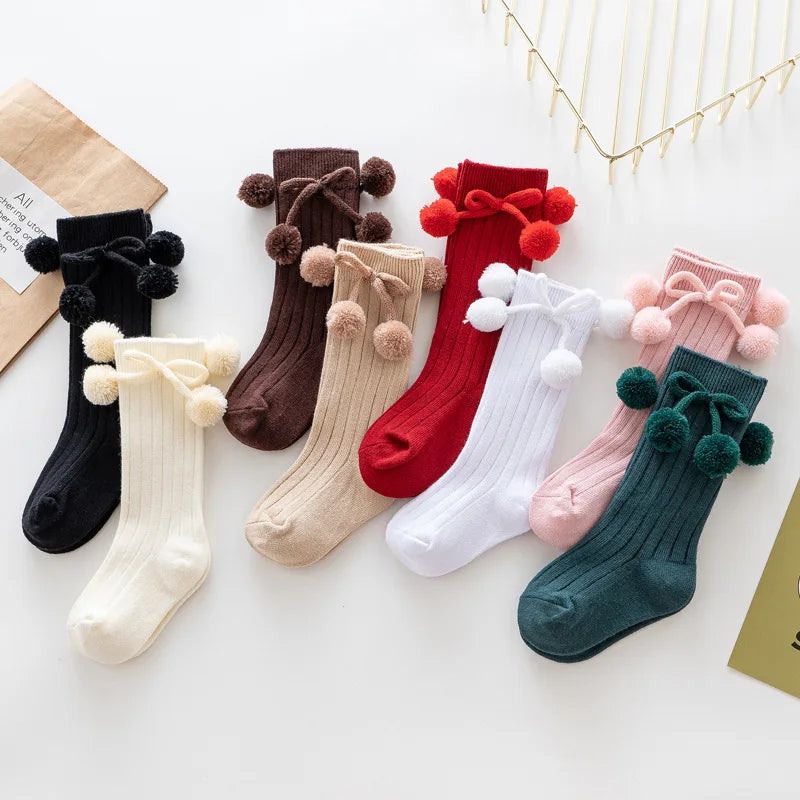 1 Pair Winter Kawaii Baby Stockings Cotton British Princess Knee High Long Bow Pom Tube Socks for Girls Knitted Sock for 0-4Year