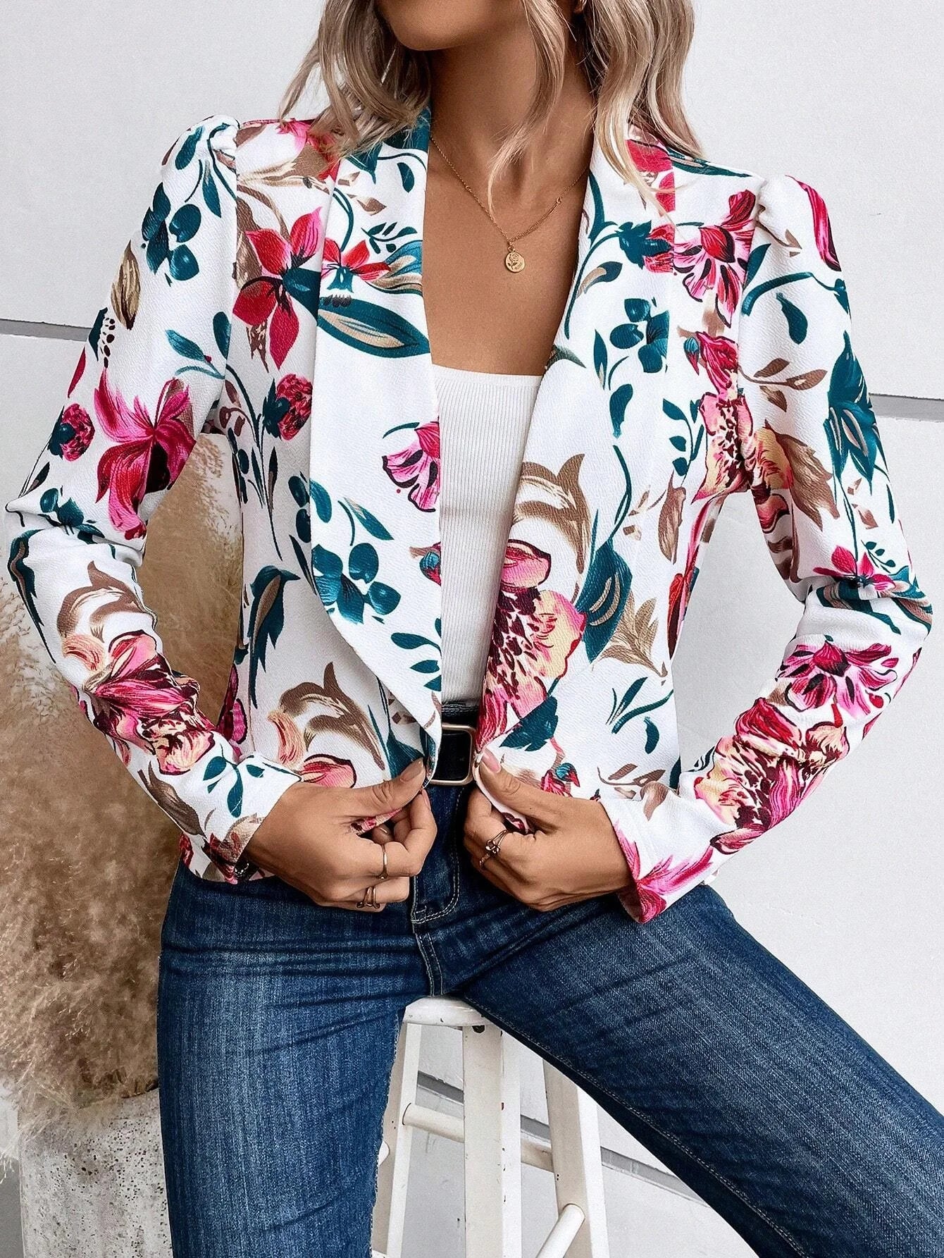 2024 Autumn Women's Fashion Floral Printed Suit Fitted Small Suit Office Ladies Commuting Blazer Women