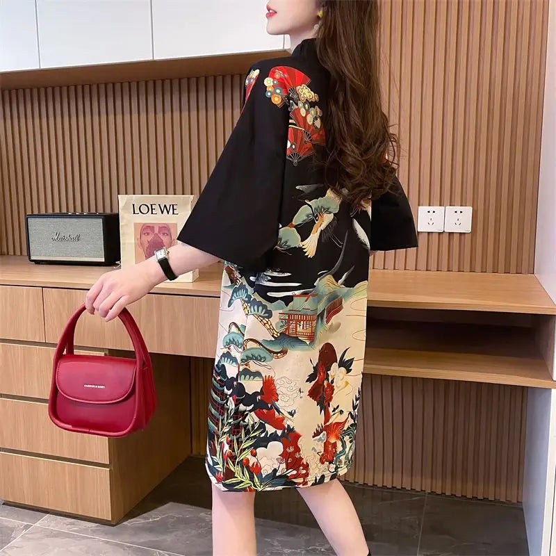 Summer Chinese Style Vintage Printing T-shirt Mini Dress Ladies Short Sleeve Loose Casual A-line Robe Women Stand Collar Vestido