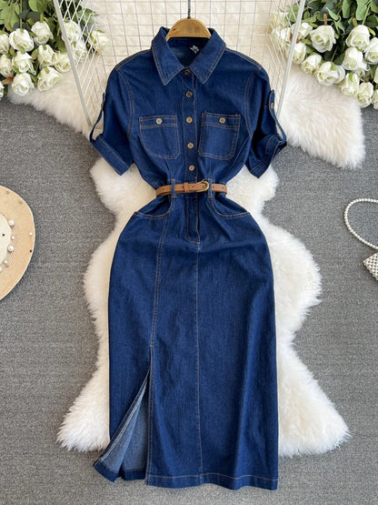 XFPV Women's Sweet Short Denim Dress For Women  Belt Slim Short Sleeved Vestidos Korean Fashion Spring Summer 2025 SM11153