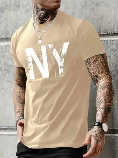 Summer men's 100% pure cotton casual loose plus size NY letter printed sports comfortable round neck short sleeved T-shirt top